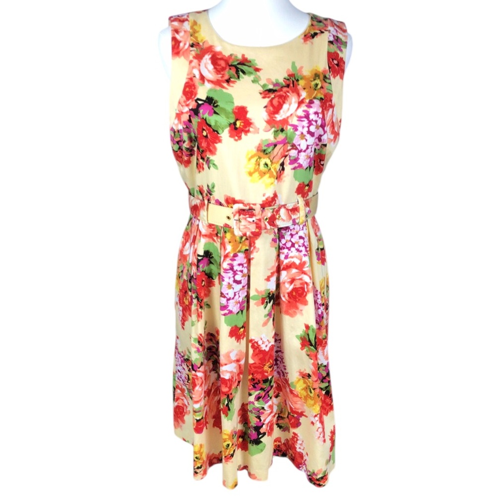 Emma & Michelle Floral Sleeveless Dress - Multicolor Size 12 Belted READ Descrip